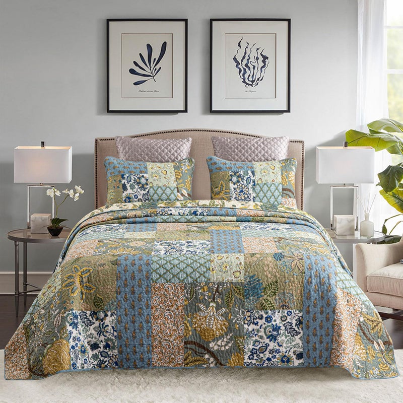 YAYIDAY Quilt King Size Patchwork Bedspread - 100% Cotton Reversible Breathable Green Leaves Quilted Quilt with Pillow Shams for All Seasons - Image 1